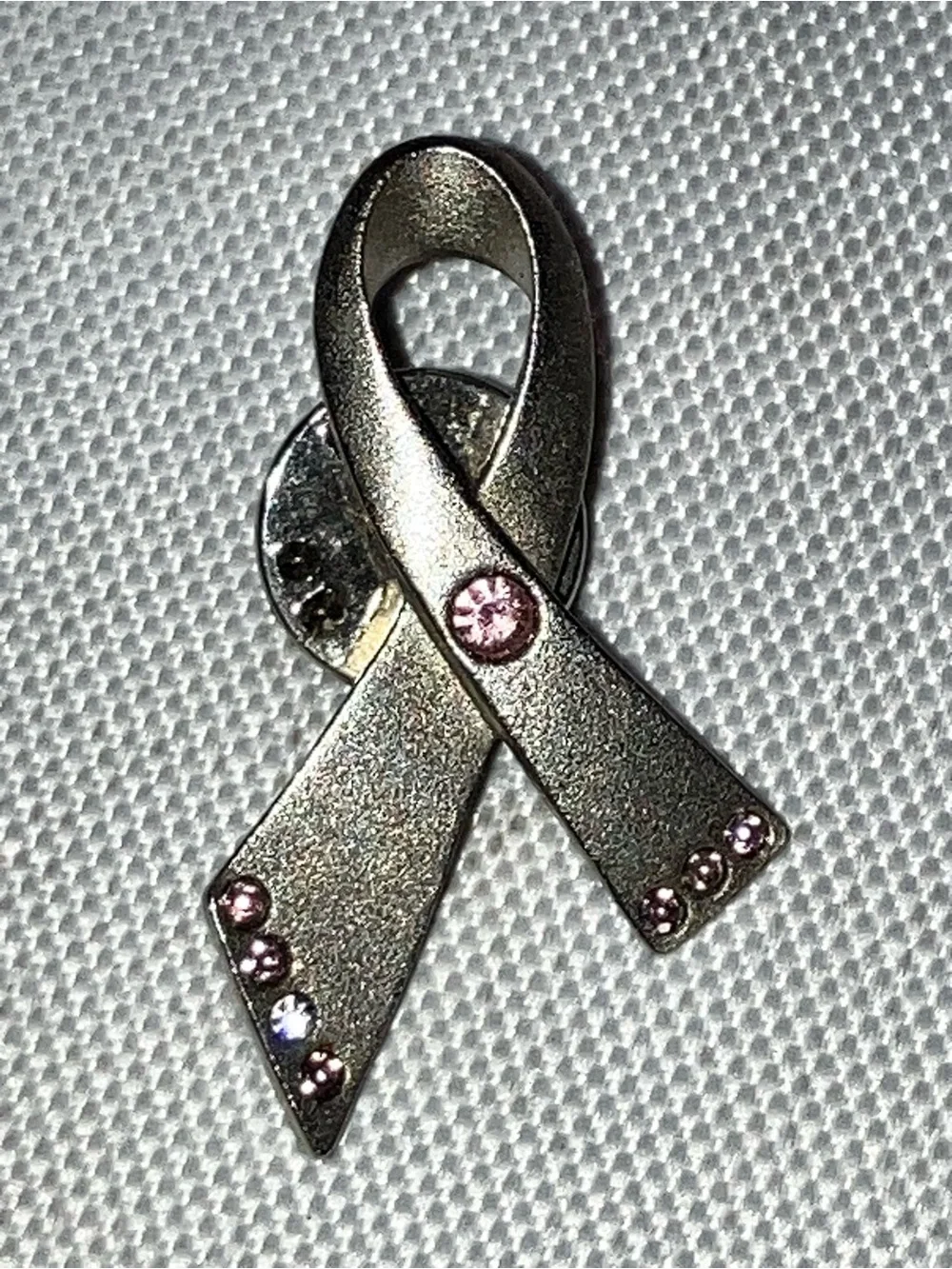 Silver Breast Cancer Awareness Ribbon Lapel Pin with Pink rhinestones